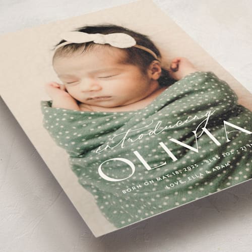 This is a natural birth announcement postcards with standard by Ana Sharpe called bold introduction printing on signature in postcard