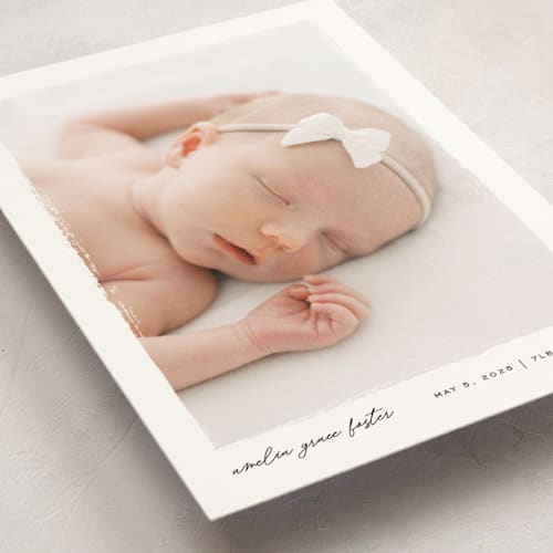 This is a snow birth announcement postcards with standard by Pixel and Hank called edgy printing on signature in postcard