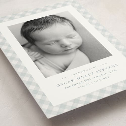 This is a sky birth announcement postcards with standard by Lea Delaveris called checked printing on signature in postcard