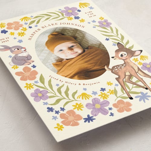 This is a cream birth announcement postcards with standard by Cass Loh called disney's magical bambi printing on signature in postcard