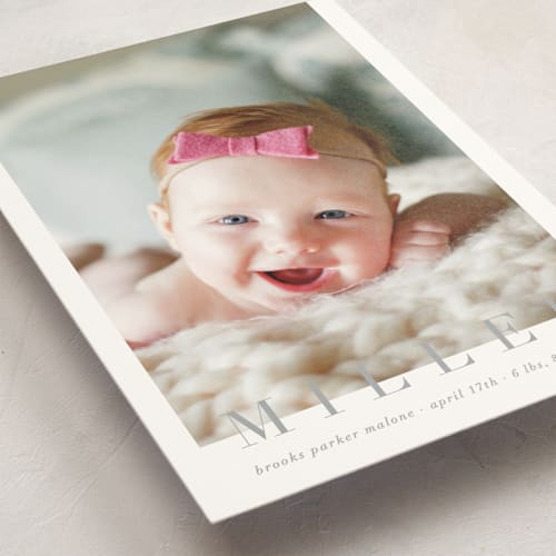 This is a cement birth announcement postcards with standard by Sara Hicks Malone called classic baby printing on signature in postcard