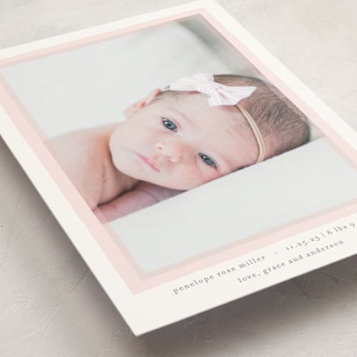 This is a blush birth announcement postcards with standard by Lauren Chism called cotton candy printing on signature in postcard
