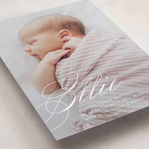 This is a sugar birth announcement postcards with standard by Jessica Williams called precious script printing on signature in postcard