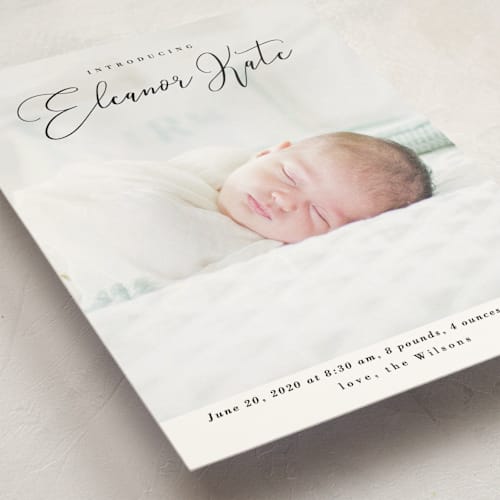 This is a onyx birth announcement postcards with standard by Kasia Labocki called formal script printing on signature in postcard