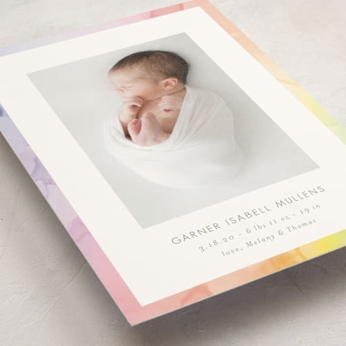 This is a sherbert birth announcement postcards with standard by Kaydi Bishop called rainbow surround printing on signature in postcard