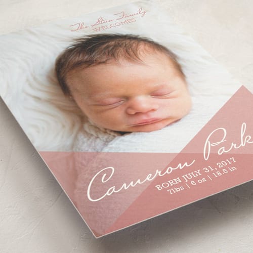 This is a peach birth announcement postcards with standard by Jessie Steury called say hello printing on signature in postcard