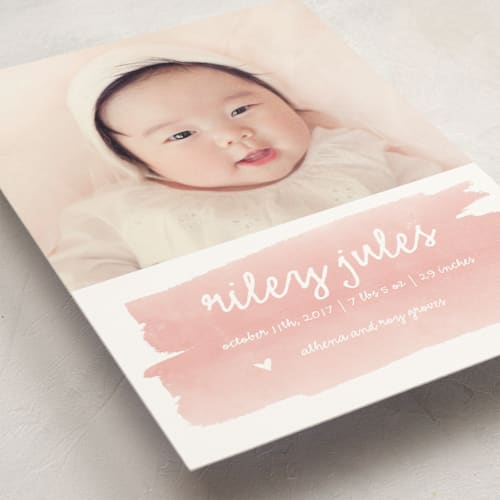 This is a blush birth announcement postcards with standard by SimpleTe Design called sweet splash printing on signature in postcard