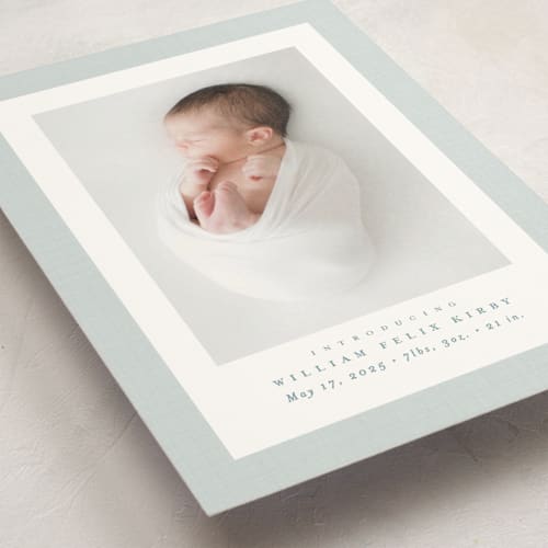 This is a powder birth announcement postcards with standard by Lea Delaveris called linen frame printing on signature in postcard