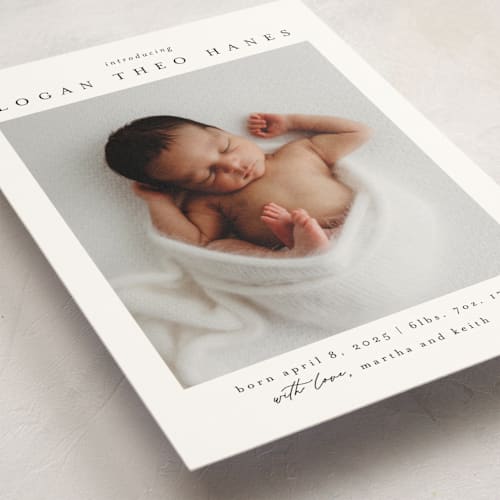 This is a sugar birth announcement postcards with standard by Chris Griffith called frame of happiness printing on signature in postcard