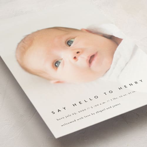 This is a onyx birth announcement postcards with standard by Jennifer Postorino called say hello to... printing on signature in postcard