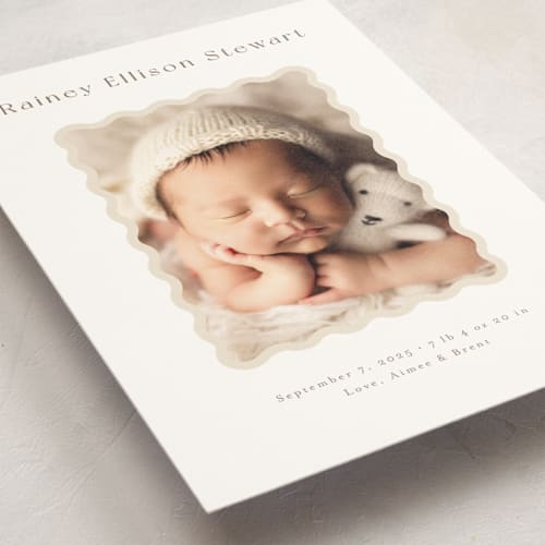 This is a oatmeal birth announcement postcards with standard by Jennifer Wick called applique printing on signature in postcard