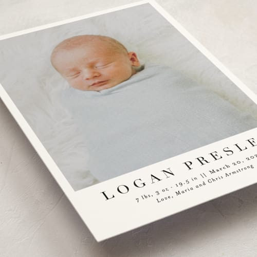 This is a ink birth announcement postcards with standard by Megan Davis called menil printing on signature in postcard