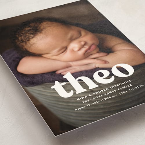 This is a ghost birth announcement postcards with standard by Lea Delaveris called modern vintage printing on signature in postcard