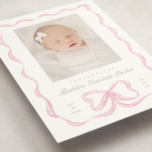 This is a peony birth announcement postcards with standard by Creo Study called squiggle bow printing on signature in postcard