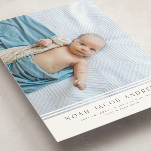 This is a cloud birth announcement postcards with standard by Nicole Walsh called minimalist stripes printing on signature in postcard