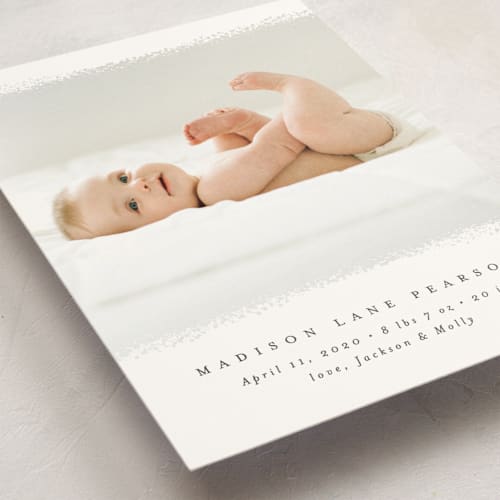 This is a dove birth announcement postcards with standard by Amy Payne called deckled edge printing on signature in postcard