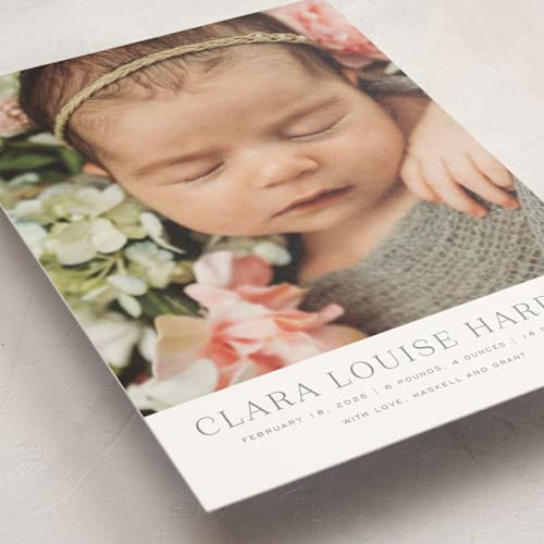 This is a moon birth announcement postcards with standard by Megan Davis called canvas printing on signature in postcard
