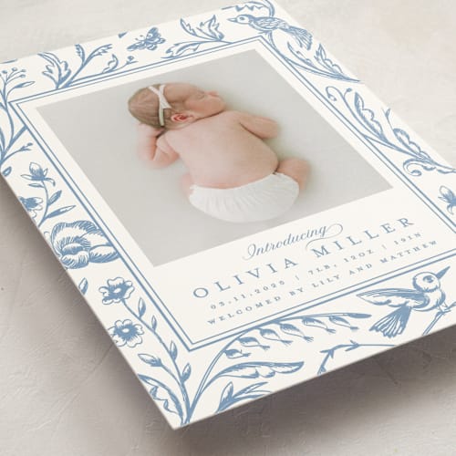 This is a cloud birth announcement postcards with standard by Teju Reval called dreamy garden printing on signature in postcard