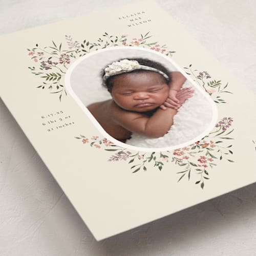 This is a eggshell birth announcement postcards with standard by Itsy Belle Studio called wildflower printing on signature in postcard