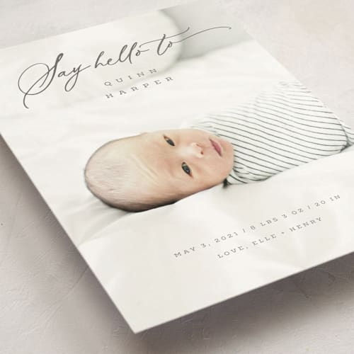 This is a shadow birth announcement postcards with standard by fatfatin called say hello to printing on signature in postcard