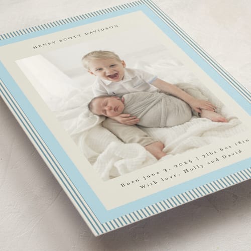 This is a powder blue birth announcement postcards with standard by Jackie Crawford called modern striped frame printing on signature in postcard