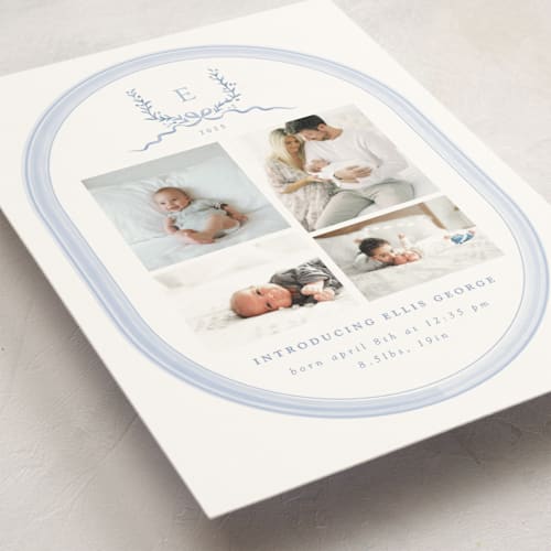 This is a frost birth announcement postcards with standard by Corinne Malesic called festive monogram printing on signature in postcard