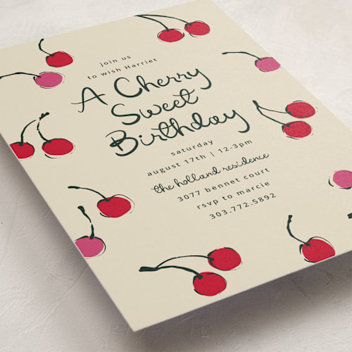 This is a tomato kids birthday invitations with standard by Kelly Watkins called cherries printing on signature in postcard