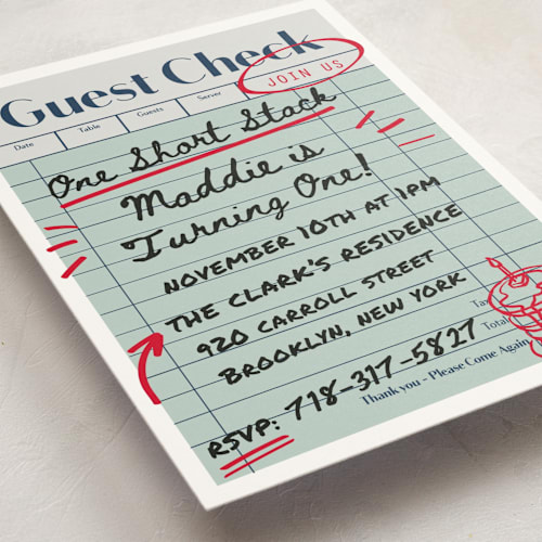 This is a mint kids birthday invitations with standard by Jennifer Lew called guest check printing on signature in postcard