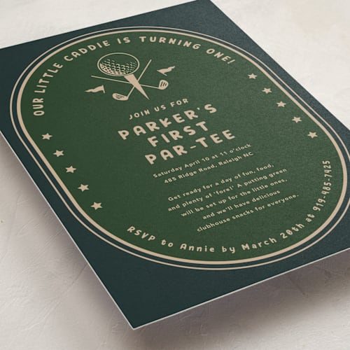 This is a evergreen kids birthday invitations with standard by Susan Zinader called par-tee printing on signature in postcard