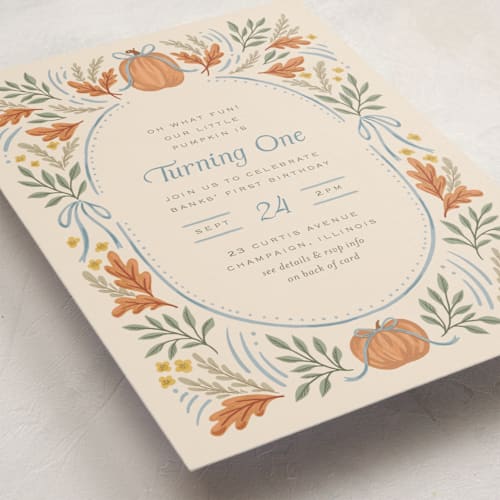 This is a cornflower kids birthday invitations with standard by Laura Hankins called pumpkins + bows printing on signature in postcard
