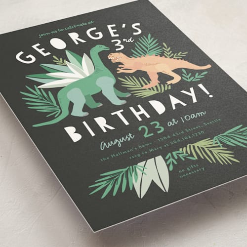 This is a graphite kids birthday invitations with standard by Alethea and Ruth called dino friends printing on signature in postcard