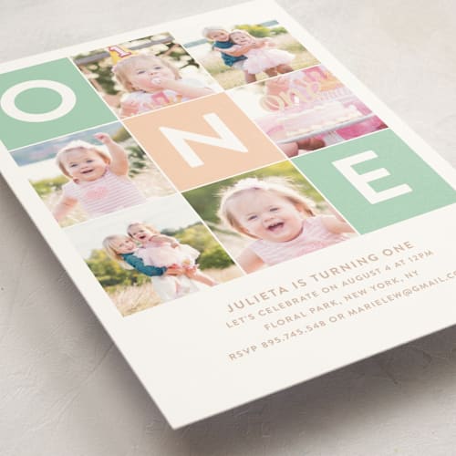 This is a seafoam kids birthday invitations with standard by Joanne James called simply one printing on signature in postcard