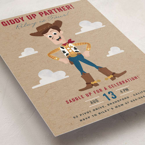 This is a rustic kids birthday invitations with standard by Oma N. Ramkhelawan called disney and pixar's howdy woody printing on signature in postcard