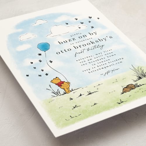 This is a hundred acre wood kids birthday invitations with standard by Erin L. Wilson called disney's winnie the pooh many birthday adventures printing on signature in postcard