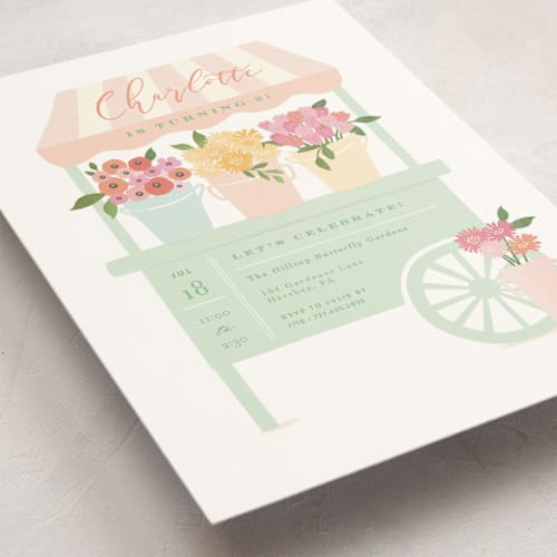 This is a grass kids birthday invitations with standard by Jennifer Wick called petite flower cart printing on signature in postcard