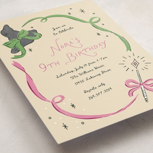 This is a butter kids birthday invitations with standard by Pixel and Hank called spellbound printing on signature in postcard