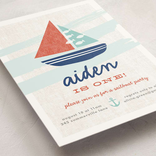 This is a teal kids birthday invitations with standard by Carolyn MacLaren called regatta race printing on signature in postcard