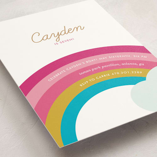 This is a may kids birthday invitations with standard by kelli hall called over the rainbow printing on signature in postcard