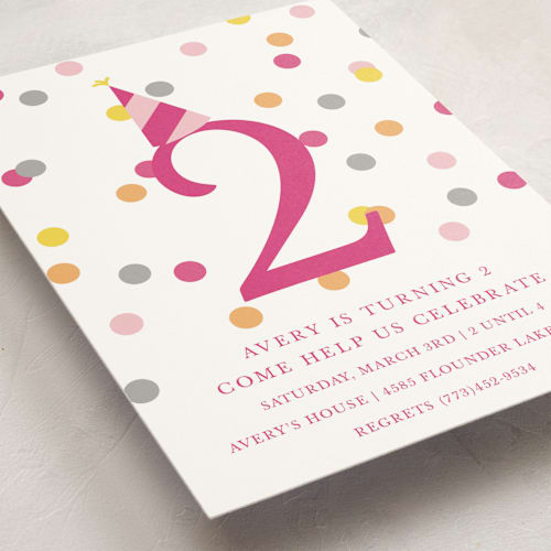 This is a hot pink kids birthday invitations with standard by Pretty Girl Designs called confetti fun printing on signature in postcard