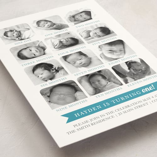 This is a teal kids birthday invitations with standard by Katie Speelman called 12 months printing on signature in postcard