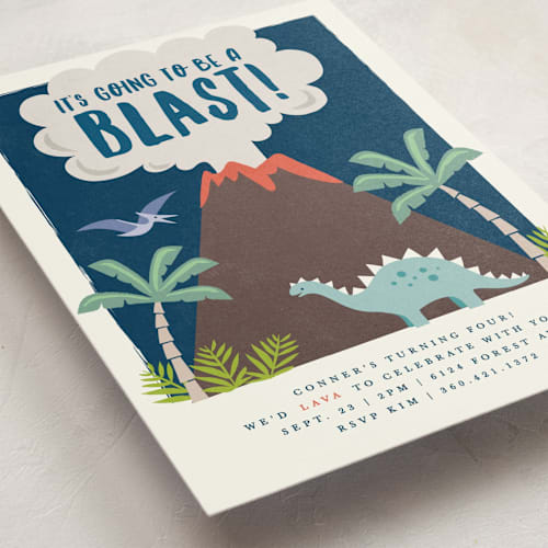 This is a atlantic kids birthday invitations with standard by Karidy Walker called volcano blast printing on signature in postcard