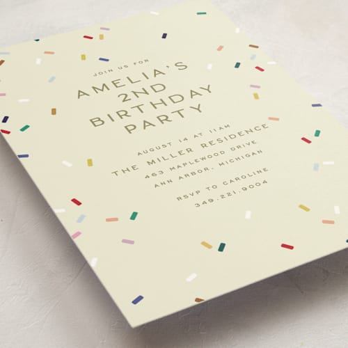 This is a cream kids birthday invitations with standard by Ellen Schlegelmilch called tiny bold sprinkles printing on signature in postcard