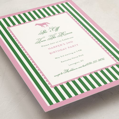 This is a bubblegum kids birthday invitations with standard by Ashlee Townsend called derby party printing on signature in postcard