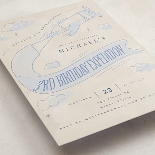 This is a sky kids birthday invitations with standard by Vera Lim called fly with me printing on signature in postcard