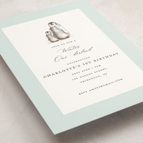 This is a ice kids birthday invitations with standard by Teju Reval called penguins printing on signature in postcard