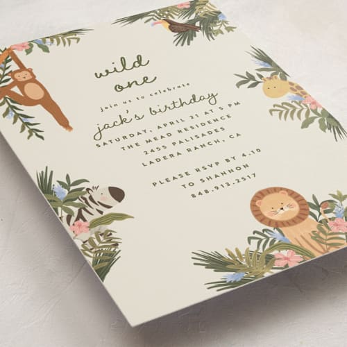 This is a moss kids birthday invitations with standard by Joanna Griffin called jungle animals printing on signature in postcard