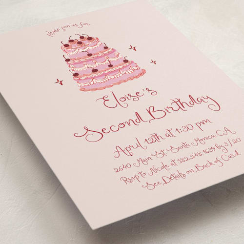 This is a blush kids birthday invitations with standard by Cass Loh called vintage birthday cake printing on signature in postcard