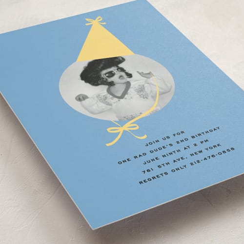 This is a lemon kids birthday invitations with standard by Jennifer Lew called birthday hat printing on signature in postcard