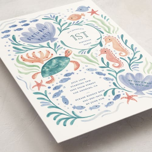 This is a lavender waters kids birthday invitations with standard by Sarah Knight called sea party printing on signature in postcard