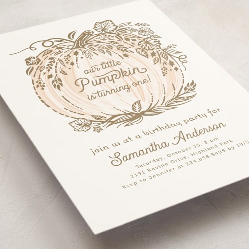 This is a peach kids birthday invitations with standard by Paper Sun Studio called little pumpkin printing on signature in postcard